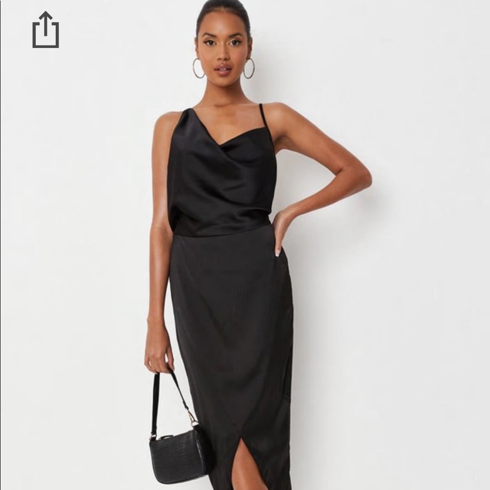 MISSGUIDED Black Satin Drape Asymmetric Strap Midi Dress NWT US 10